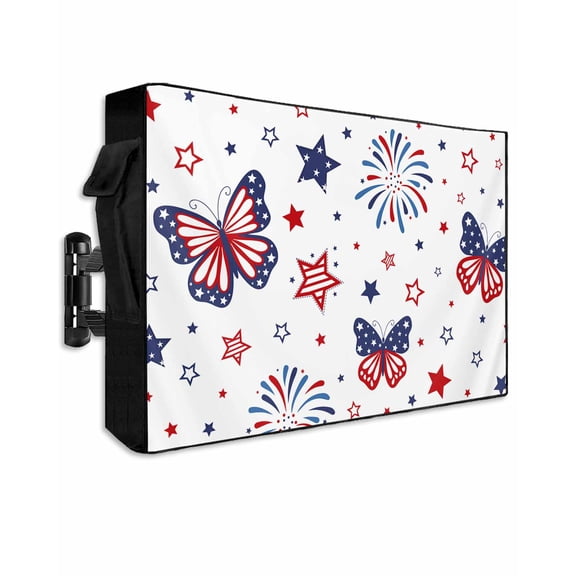 4th of July Outdoor TV Cover 48 to 50 Inch Weatherproof, American Butterfly Independence Day Firework 600D Oxford TV Covers with Waterproof Zipper, Outside Flat TV Screen Protector 48"Wx30"Hx4.5"D