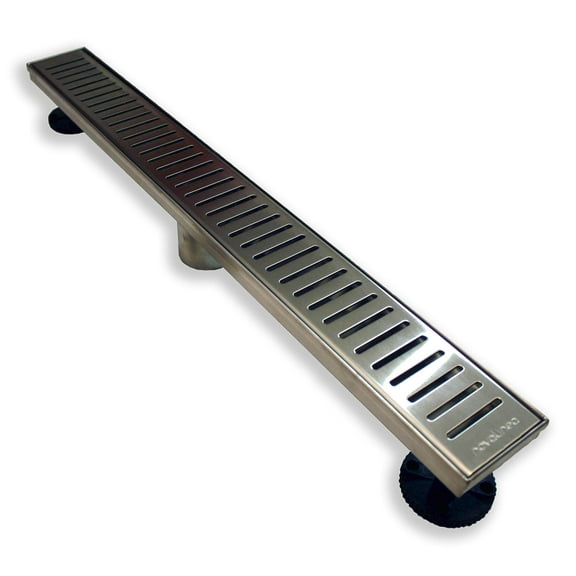 Novalinea ZA Linear Shower Drain (32 Inch VERTI-LINE Pattern) Sleek and Modern Brushed Stainless Steel, with Hair Strainer, Leveling Feet and Threaded Adapter