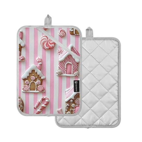 Yayeee Pot Holders Kitchen Heat Resistant with Pocket 7"x9.8" Cotton Oven Cooking Hot Pads, Pink Gingerbread Houses