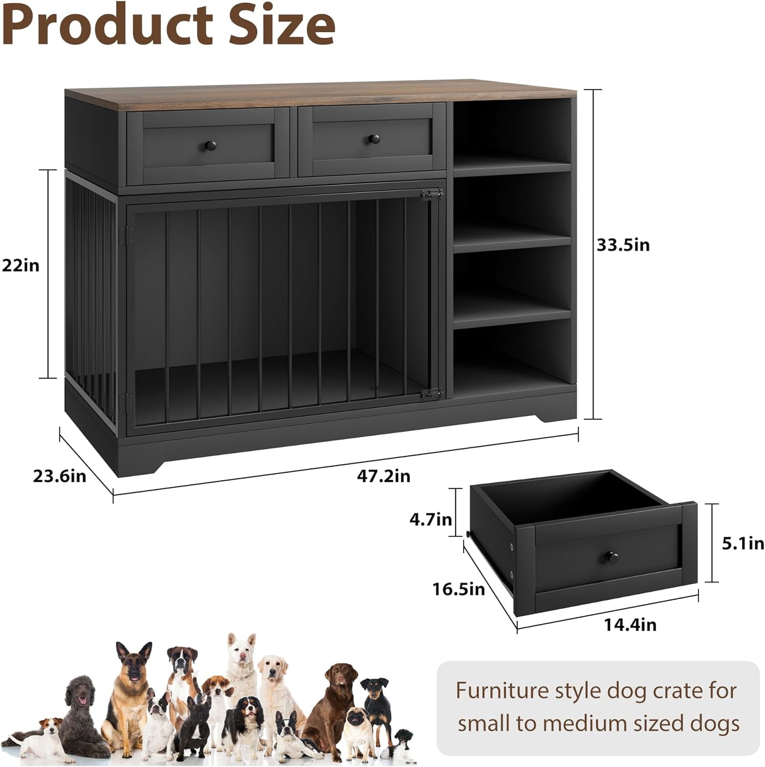 Homhougo Dog Crate Furniture 47”, Large Dog Crate TV Stand with 2 Drawers and 4 Shelves, Wooden Dog Kennel Indoor, Decorative Dog Cage with Storage for Large Dogs, Black