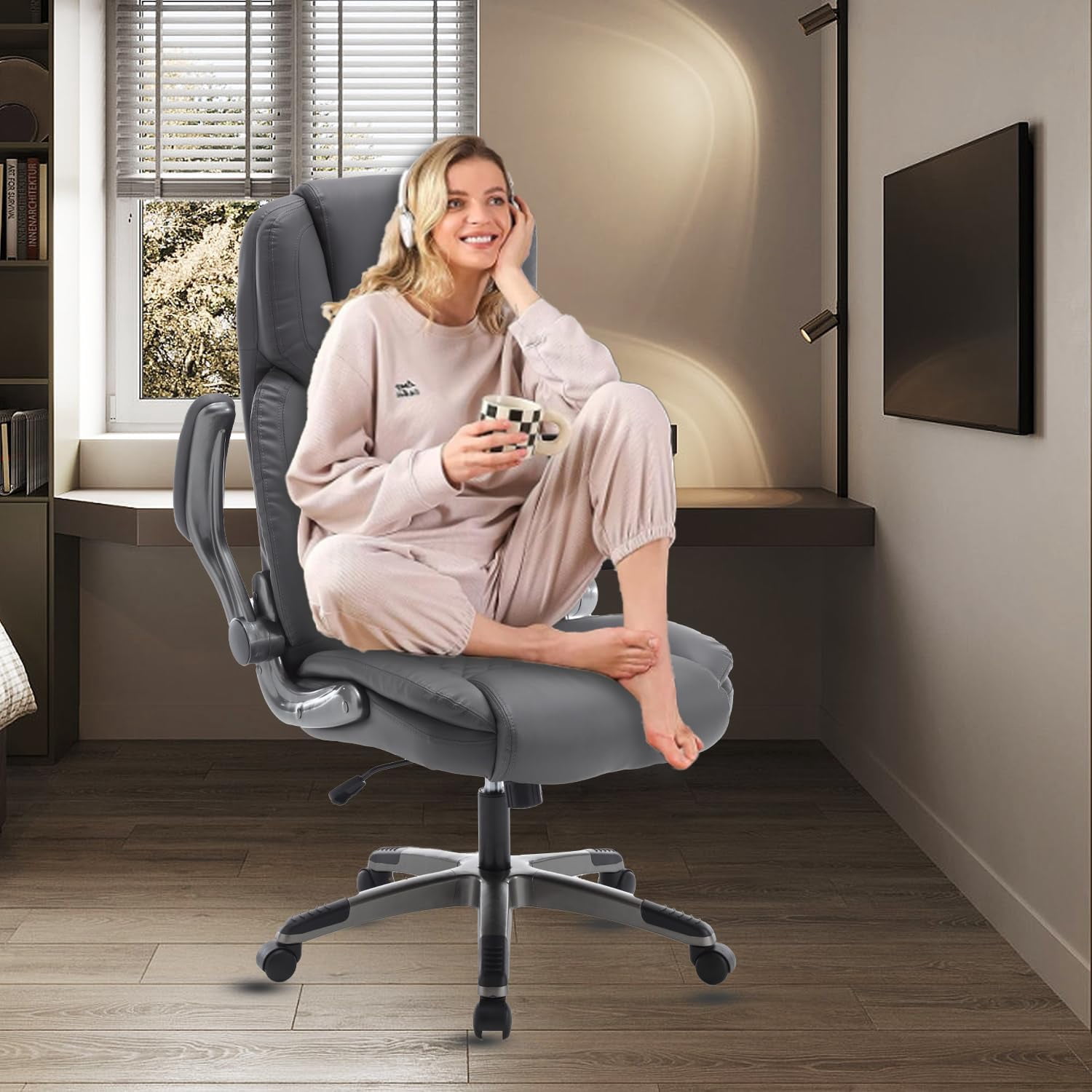 Executive Office Chair with Flip up Arms, Ergonomic PU Leather Office Chairs with Wheels, 90-120° Rocking High Back Office Desk Chair with Lumbar Support, Swivel Task Chairs(Grey)