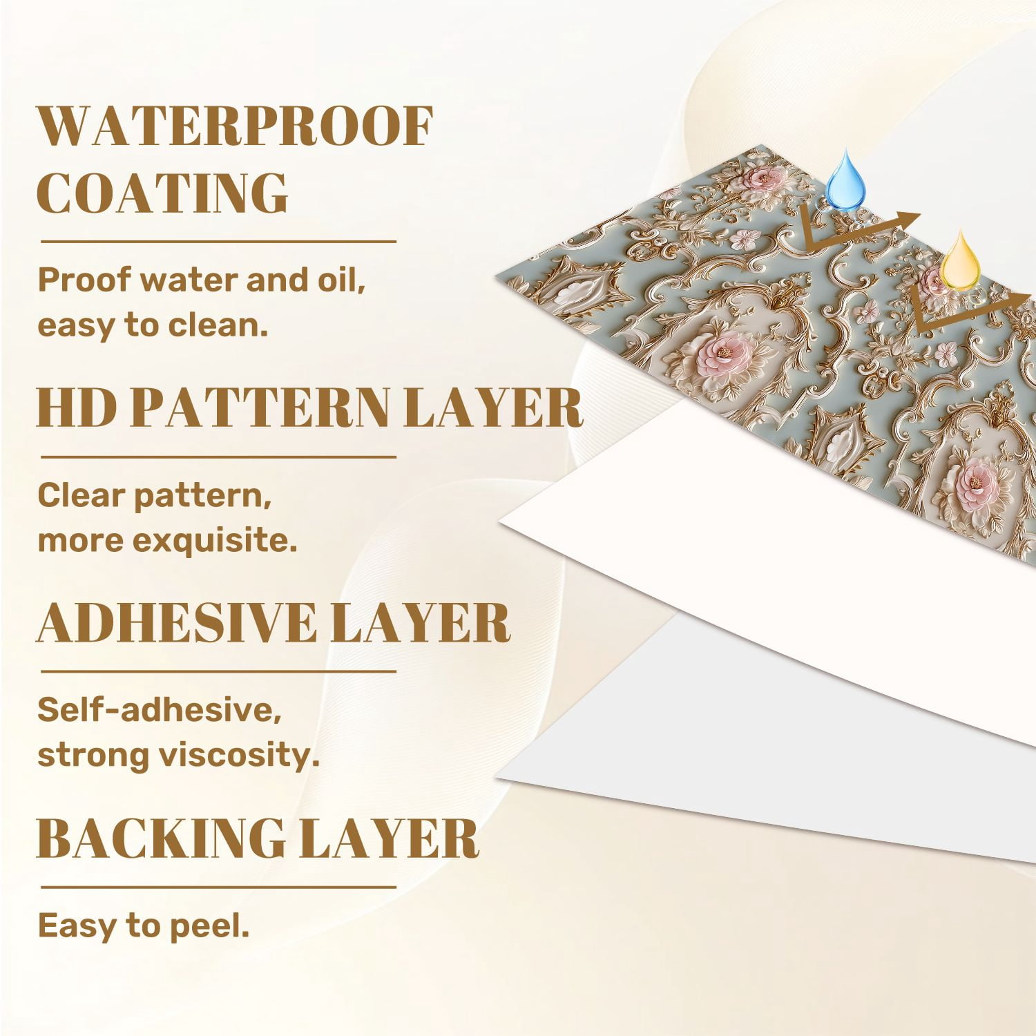 Peel and Stick Wallpaper Ornate Floral Design Soft Pink Flowers Gold Accents Elegant Blue Wall Mural 23.6in x 9.8ft Self Adhesive Removable Wall Paper Renter Friendly Wallpaper for Bedroom
