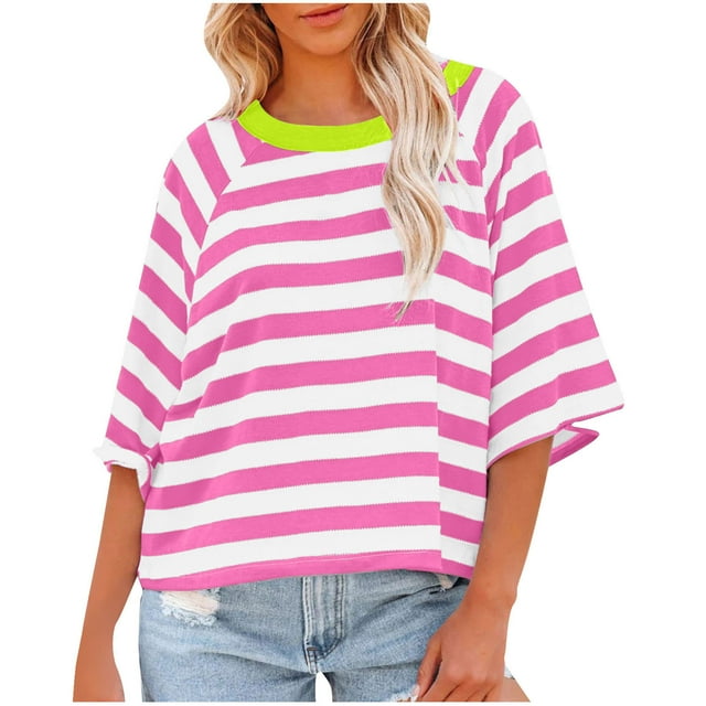 GigrtiJin Hauts à Manches 3/4 pour Femmes Col Rond Blouses à Rayures Color Block Mode Décontractée Chemises Basiques Amples