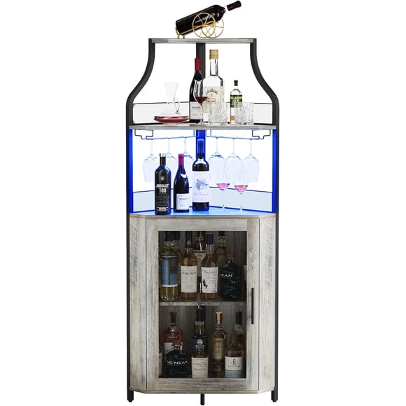 Armoire de Bar d'Angle avec Bande LED et Porte-Verre, Armoire à Vin Industrielle avec Étagère Réglable, Armoire à Liqueurs à 5 Niveaux pour la Maison, Vitrine d'Angle pour Petit Espace, Gris