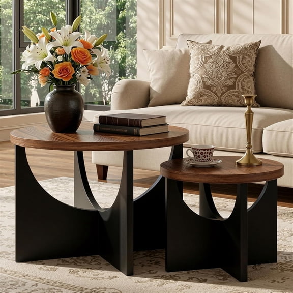 Nesting Coffee Tables Set of 2, 23.6" Small Round Tables, Walnut | Compact Side Tables, Space-Saving Nesting Design, Sturdy End Table for Living Room, Modern Decoration Accent