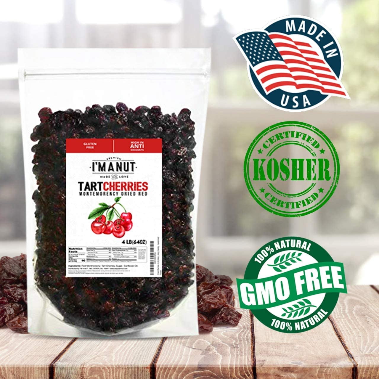 I'M A NUT American Whole Dried Tart Cherries-Sweetened-Kosher- 48 oz Batch Tested Gluten and Peanut Free
