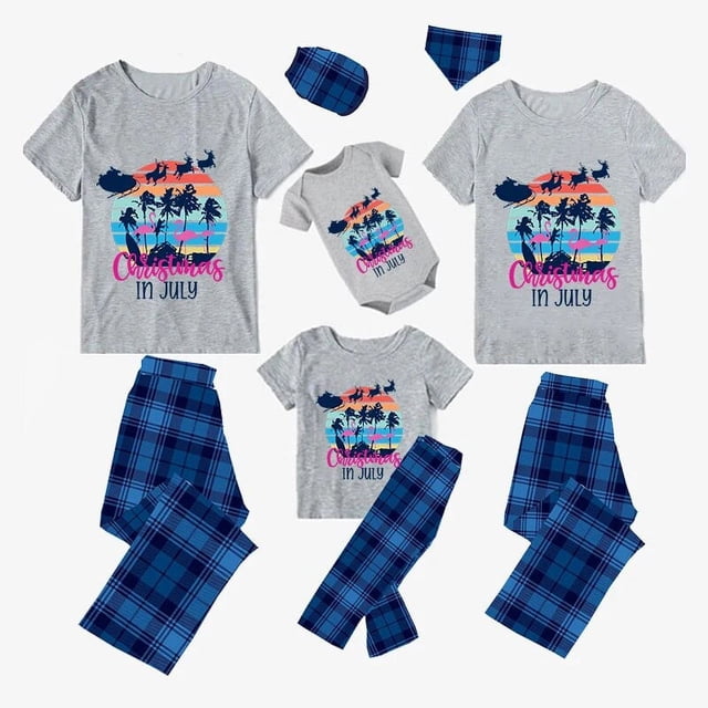 Pijamas familiares navideños a juego, conjuntos de pijamas grises, Papá Noel, ciervo, Fly, en julio