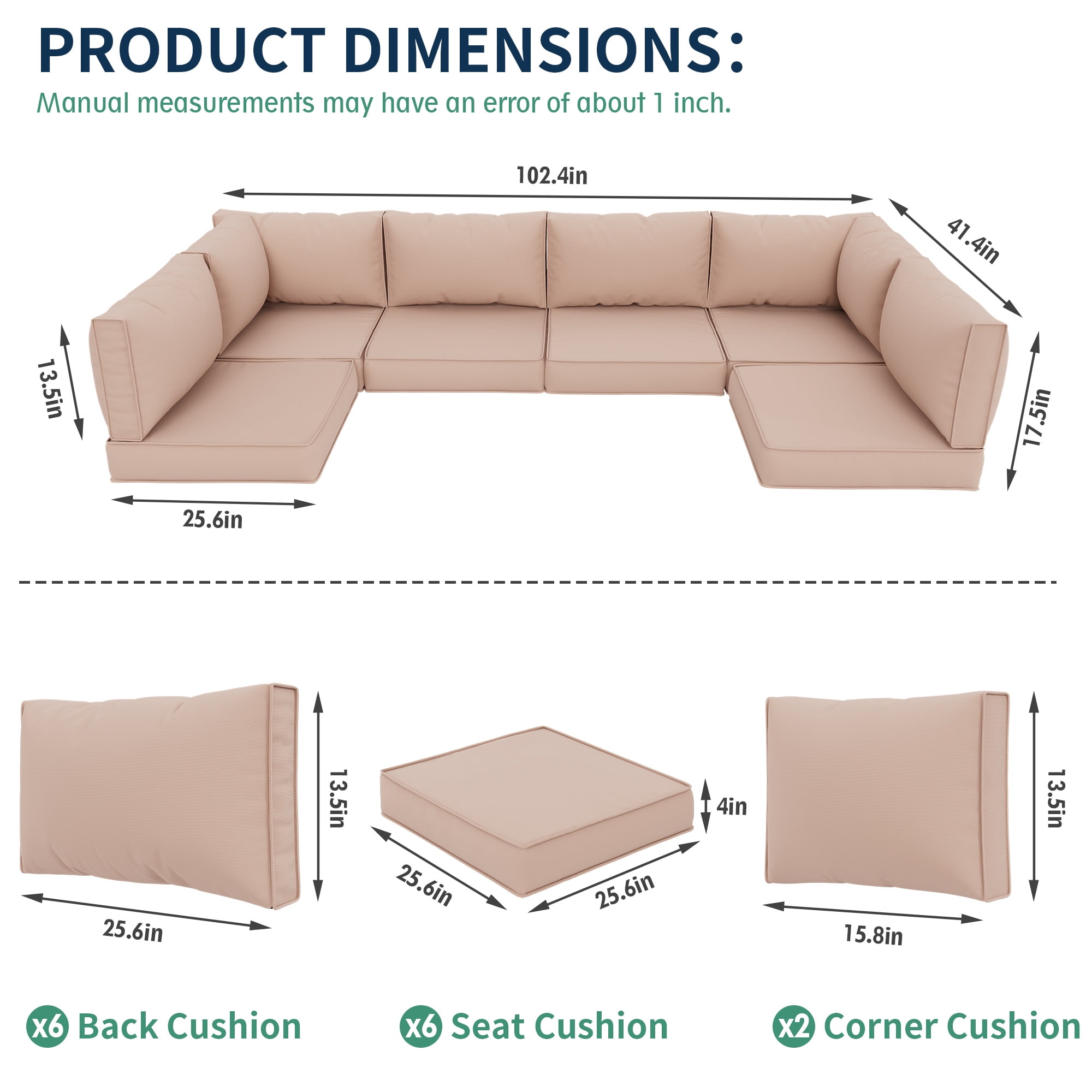 MRUAKA Outdoor Cushions for Patio Furniture Replacement, Waterproof Patio Furniture Cushions, Deep Seat Patio Cushions, Patio Seat Cushions for Outdoor Sectional (Beige)