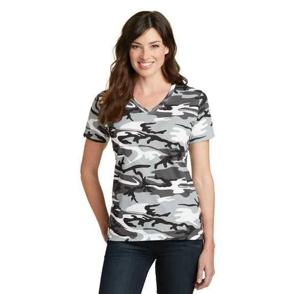 Port & Company Ladies Core Cotton Camo V-Neck Tee. Lpc54vc , LPC54VC , Winter Camo , Medium