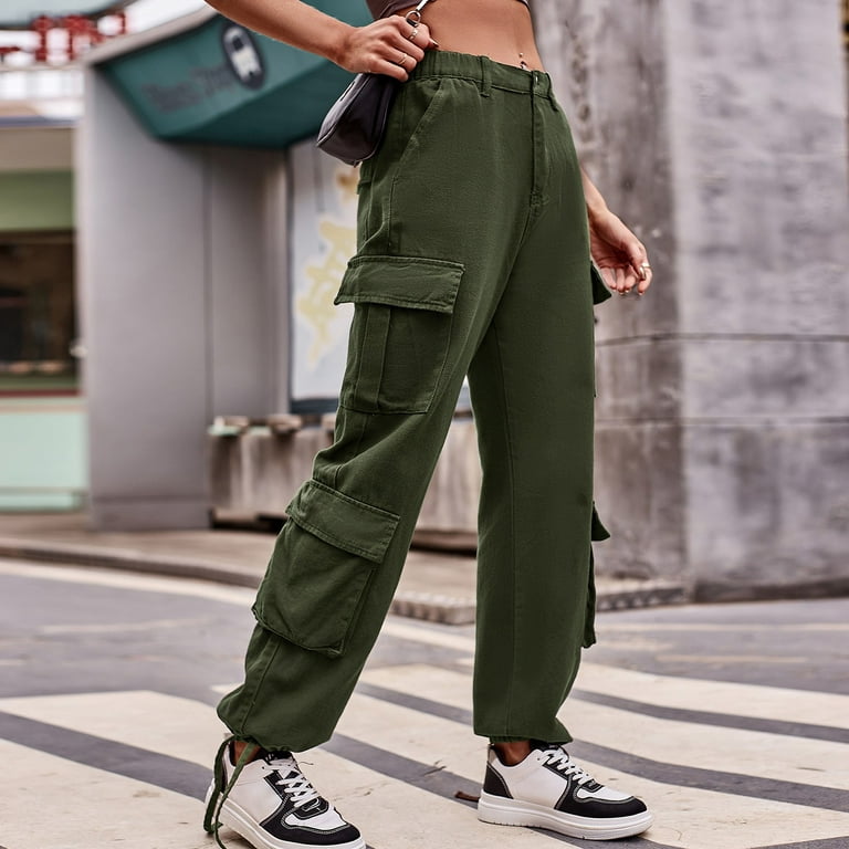 Daznico Women Solid Cargo Pants Drawstring Elastic High Waist Ruched Baggy  Cargo Pants Multiple Pockets Jogger Pant Pants for Women Green M