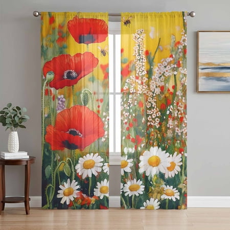 Spring Botanical Sheer Curtains 72 Inch Length 2 Panels Set Modern Watercolor Daisy Poppy Flower Bees Voile Window Treatment Curtains Sheers Drapes for Bedroom/Living Room/Kitchen 52 x72 x2