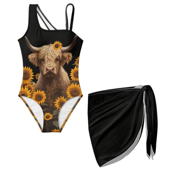 Uourmeti Highland Cow Swimsuit Girls One Piece Bathing Suit with Cover Up Skirt Teen Bathing Suit Swimwear Set for Beach,Pool