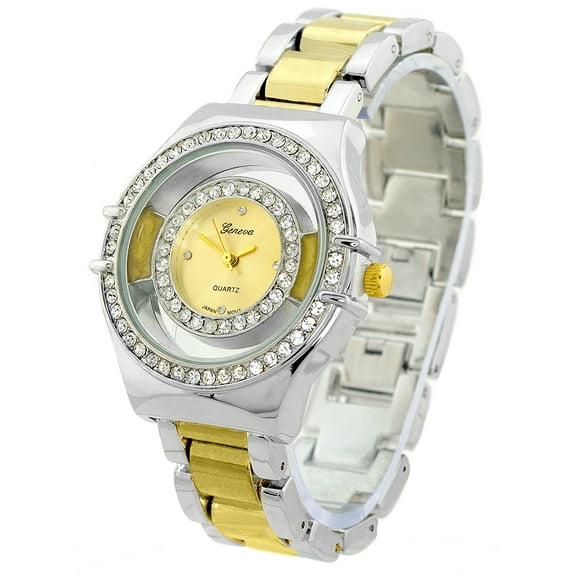Ladies Two-tone designer CZ clubbing watch, 40mm 11mm thick.  CZ bezel, silver-tone dial, 17mm wide gold-tone metal Linked Bracelet fits 7.5 inches wrist.
