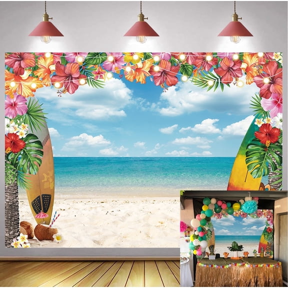 7x5FT Hawaii Backdrop Summer Tropical Beach Backdrop Flowers Blue Sky Surfboard Luau Backdrop Birthday Party Decorations