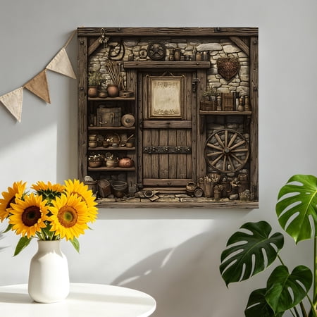 Vintage Brick Wall Canvas Wall Art Farmhouse Medieval Pictures Wall Decor Wooden Framed Artwork Art Prints for Living Room Hallway Bedroom Office 16 x16