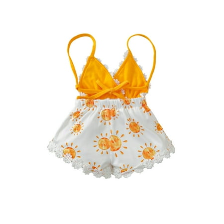 

Newborn Baby Girl Sleeveless Sun Print V-neck Playsuit with Decorative Flower