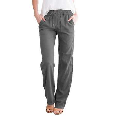 

YanHoo Women s Solid Summer Casual Pants Linen Drawstring Elastic Trousers High Waisted Straight Long Pants with Pockets