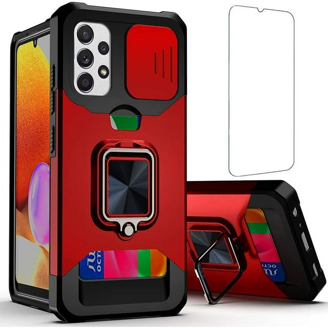 LAICAIW Compatible for Samsung Galaxy A32 5G Phone Case with Screen Protector Card Holder Stand Kickstand Heavy Duty Shockproof Hybrid Rugged Drop Protective Cover for Women Men Girls 6.5 inch Red