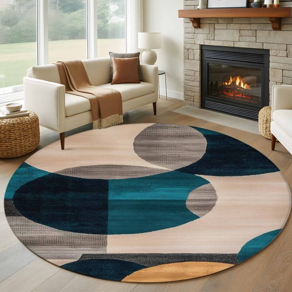 Navy Blue Boho Round Rug 5ft Washable Circle Kitchen Rugs Non Slip Circle Beige Vintage Modern Large Area Rug Indoor Floor Carpet for Bedroom Living Room Home Office Dining Room Nursery