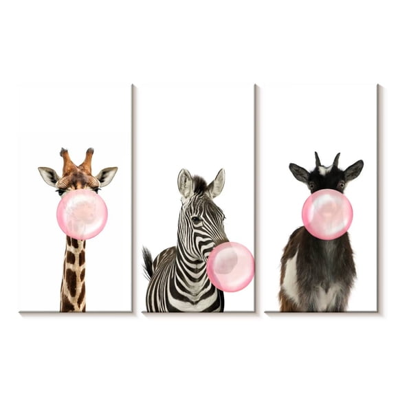 Elephant Stock Bubble Gum Safari Animals Wall Art - Horizontal Multi Panel Canvas - Living Room Wall Decor - Animal Multi Panel - White And Pink Decor - 23" x 14"