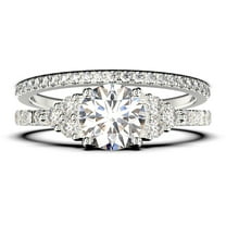 Beautiful Mid-century 1.75 Carat Round Cut Diamond Moissanite Engagement Ring, Wedding Ring in 10k Solid White Gold, 7 Stone Ring, Promise Ring, Anniversary, Bridal Set, Matching Band