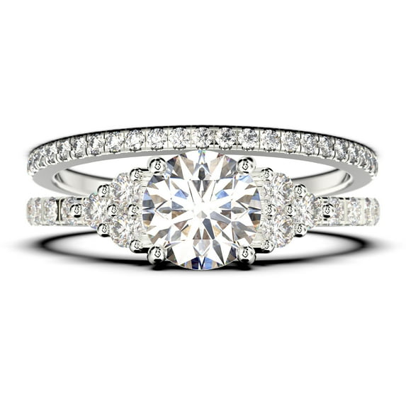 Beautiful Mid-century 1.75 Carat Round Cut Diamond Moissanite Engagement Ring, Wedding Ring in 925 Sterling Silver With 18k White Gold Plating, Gift For Her, 7 Stone Ring, Bridal Set