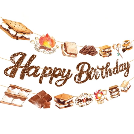 S'mores Birthday Banner Set - Happy Birthday Glitter Letters & Campfire Dessert Theme Decorations