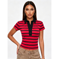 thumbnail image 3 of LMLYSoH Women Summer T-Shirt Casual Striped Button Lapel Basic Short Sleeves Tops for Streetwear Grunge Clothes, 3 of 8