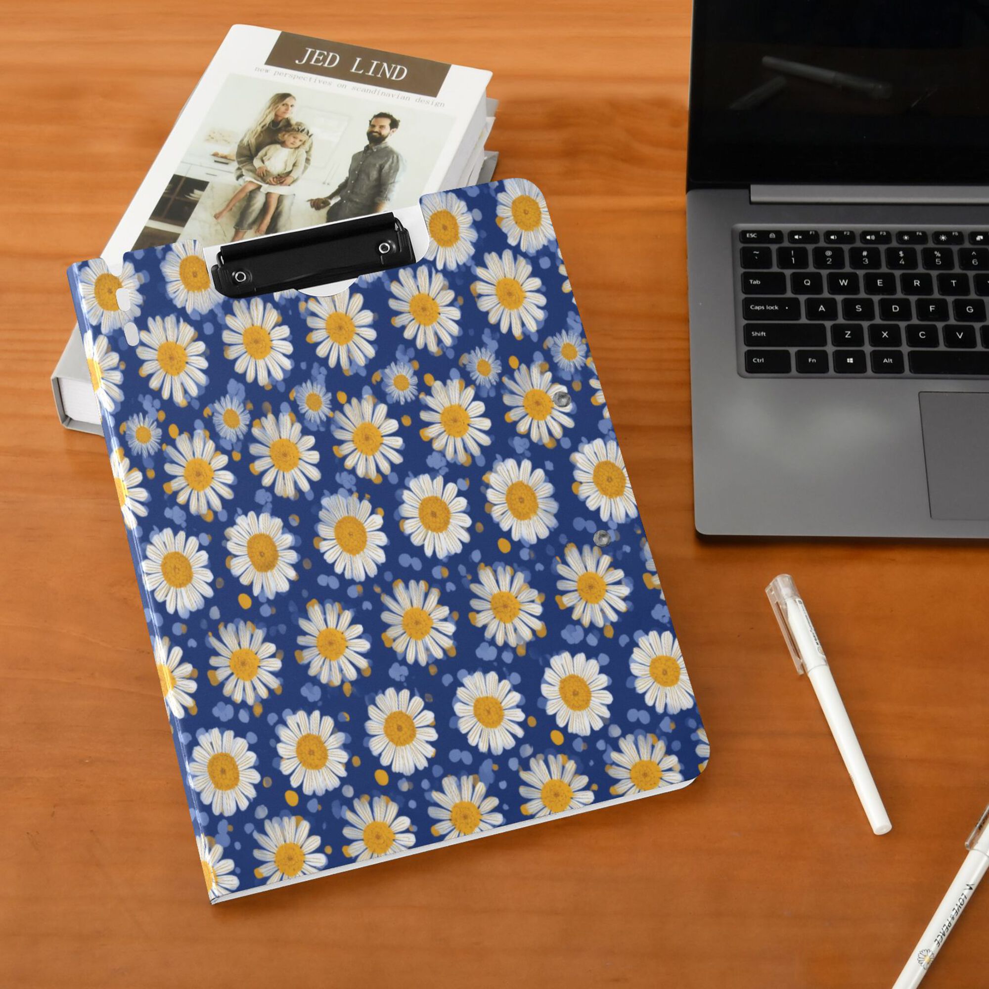 FORMRS A4 Clipboard Folder with Pen Holder Horizontal Foldable School Office Binder, Elegant Daisy Pattern