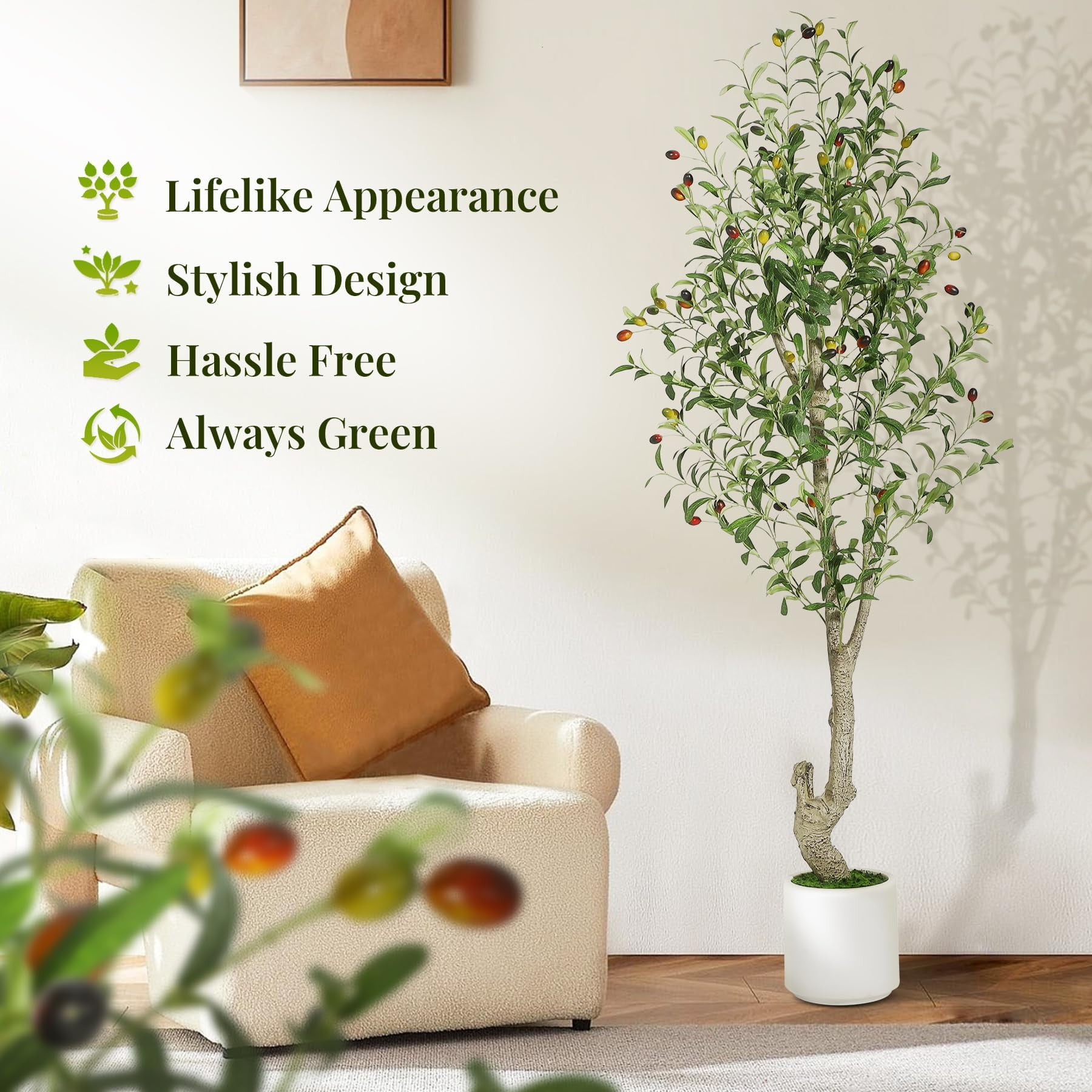 BouPower Artificial Olive Tree, Tall Faux Olive Tree with Natural Wood Trunk, Lifelike Fruits, White Planter and Green Fake Moss, UV Resistant Potted Plant for Home Office Living Room Foyer Decor