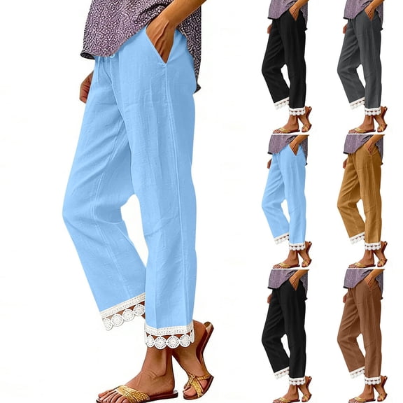 Oksale Straight Leg Pants for Women Petite Lace Hem Summer Pants Loose Lightweight Elastic Waisted Casual Pants with Pockets Black M