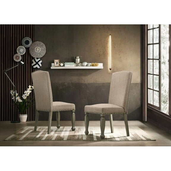 Nordic Solid Wood Dining Chairs - 2-Pack with Antique Gray Finish & Nailhead Trim