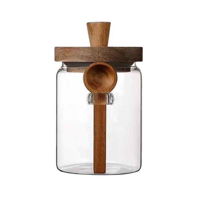 Glass Sealed Storage Jar with Wooden Lid 3 Sizes (4.72in) Coffee Tea Snacks Pantry Organizer Airtight Kitchen Jar (Brown)