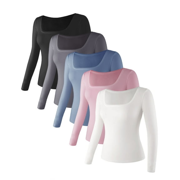 Liloak Womens T-shirts Long Sleeve Pack,5 Necklines Fitted Tops for Women,Basic Tee Long Sleeve Tight Shirts