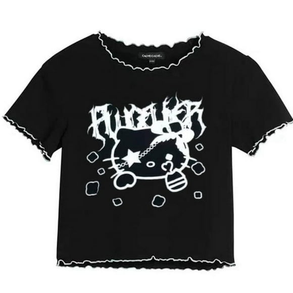 Sanrio Hello Kitty Goth Punk Tendance Femmes Hauts Courts Y2k Vintage Mode Coréen T-Shirts Dessin Animé Noir Blanc Ample Fille T-shirt Hauts