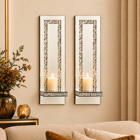 Mirrored Wall Candle Sconces Set of 2, Crushed Diamond Crystal Wall Decor for Living Room, Silver Candle Holders for Hallway Entryway Bedroom