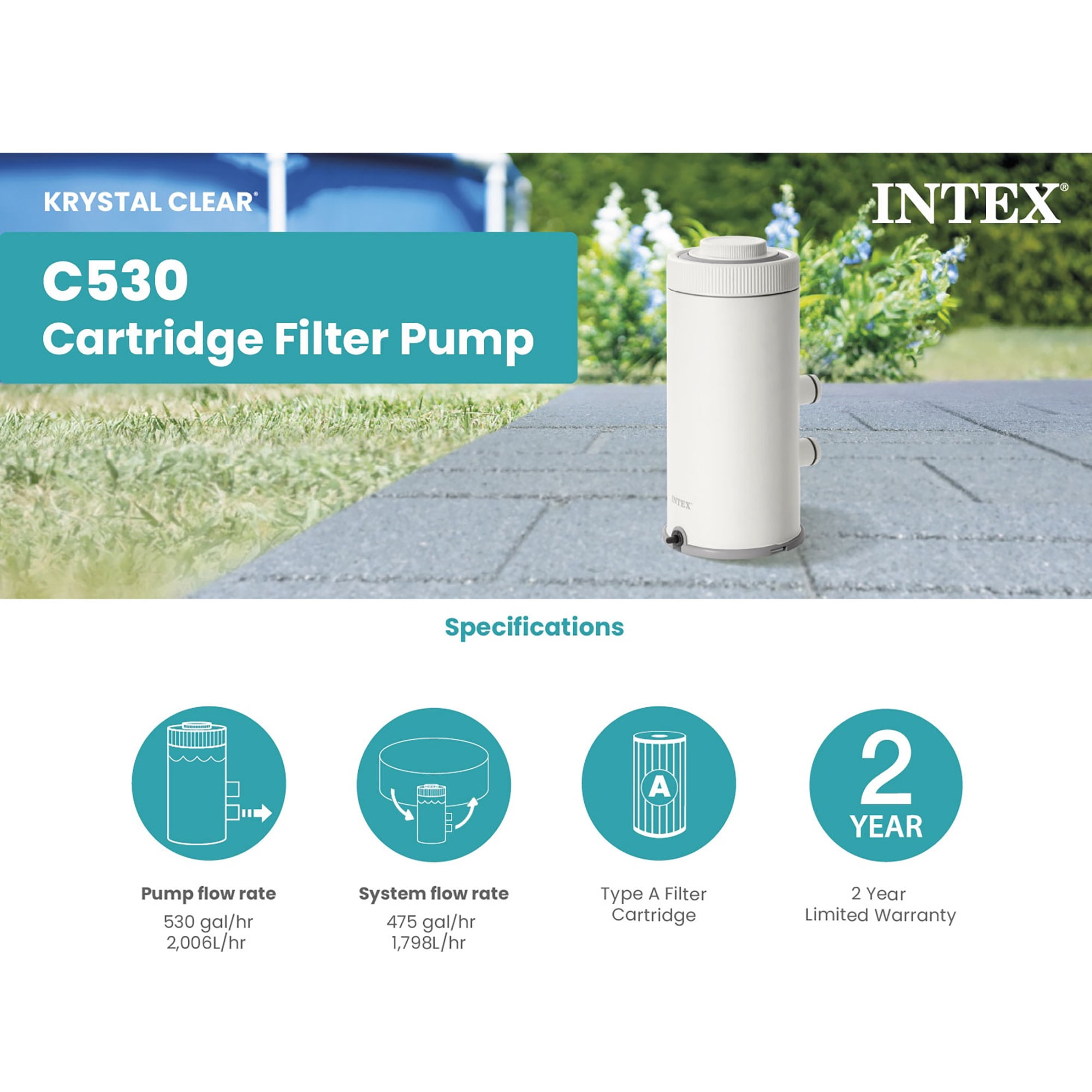 Intex: Krystal Clear: Cartridge Filter Pump - C530 - Above Ground Pool Maintenance, GFCI, HydroAeration Tech, Type A Cartridge, Water Clarity, 26603EP