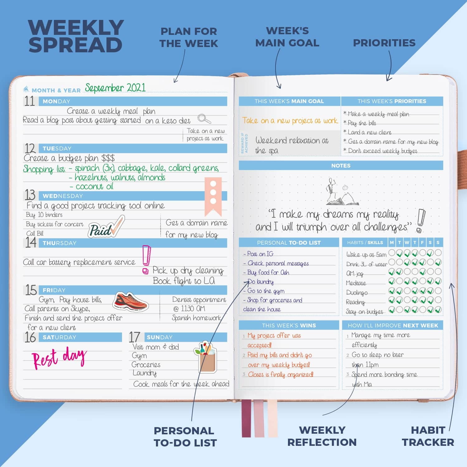 Clever Fox Planner 2nd Edition – Colorful Weekly & Monthly Goal Planner, Time Management & Productivity Organizer, Undated, A5 (Rose Gold)