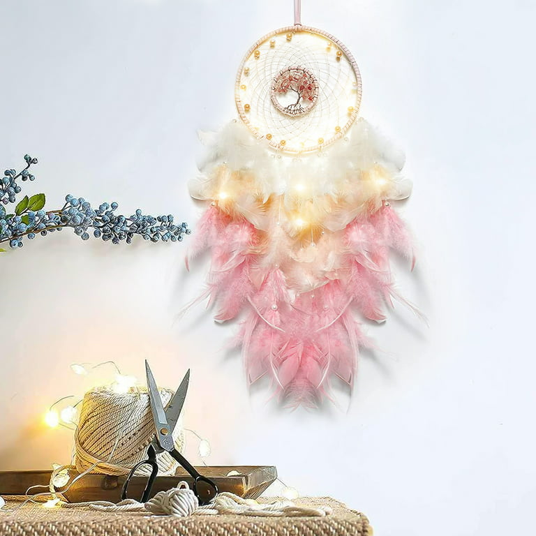 Tree of Life LED Dream Catcher, Handmade Feather Dreamcatcher Wall Hanging  Boho Decor for Kids Girls Bedroom Living Room Wedding Decorations Home
