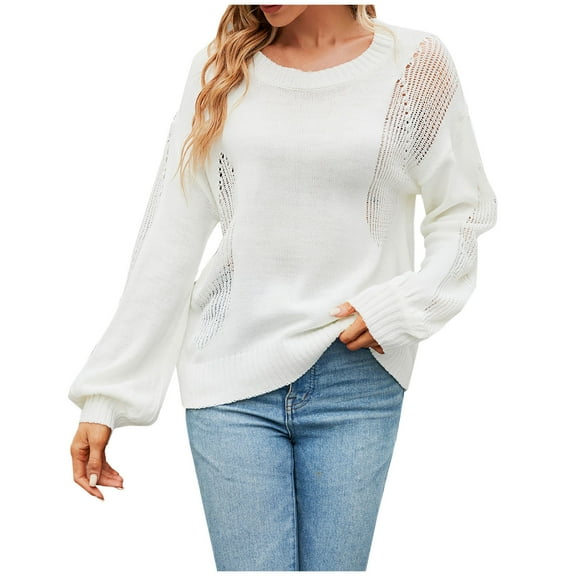 BLVB Womens Fall Sweaters 2024 Trendy Hollow out Crew Neck Long Sleeve Casual Loose Knit Pullover Sweater Tops