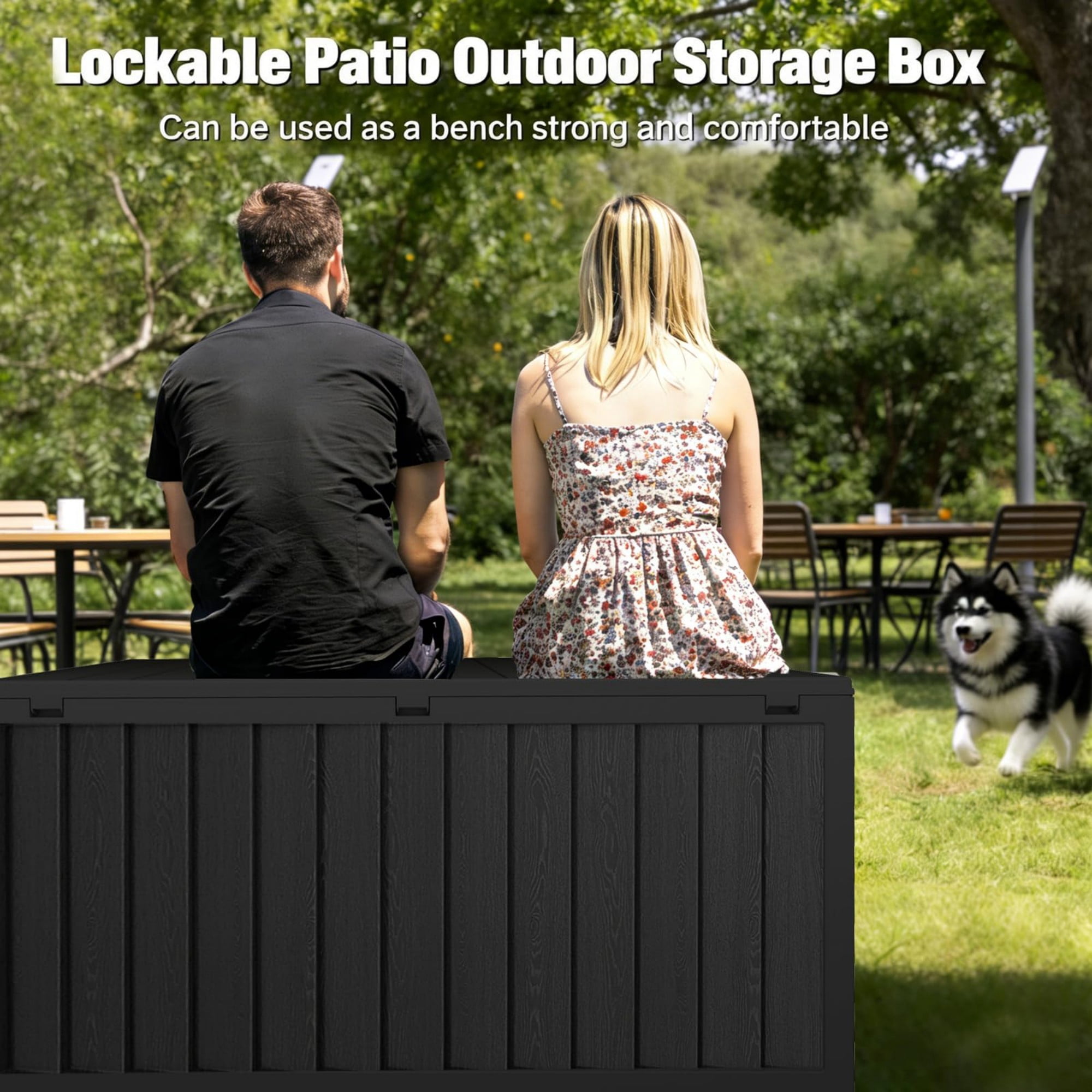 75 Gallon Outdoor Storage Box Waterproof, Lockable Deck Box with Wheels, 350 lbs Bench Patio Storage for Cushions, Garden Tools, Pool, Black