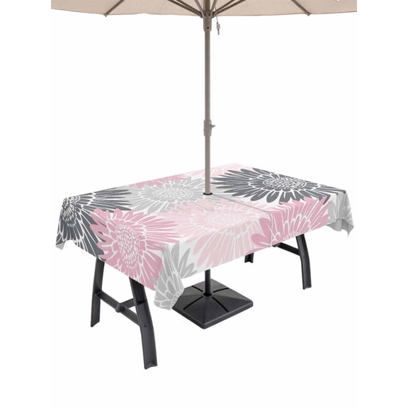 Outdoor Tablecloth with Umbrella Hole for Patio/Picnic/Party/Camping, Pink Grey Sunflowers Waterproof Table Cloth Rectangle Table Cover Washable, Boho Rustic Floral Vintage Blossom (60"x 120")