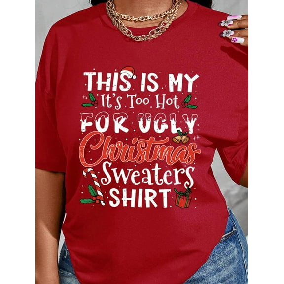 Christmas Bell Graphic Letter Slogan Round Neck Short Sleeve Fashionable Plus Size T-Shirt, Christmas Vibe For New Year Clothes Graphic Tees Women Tops