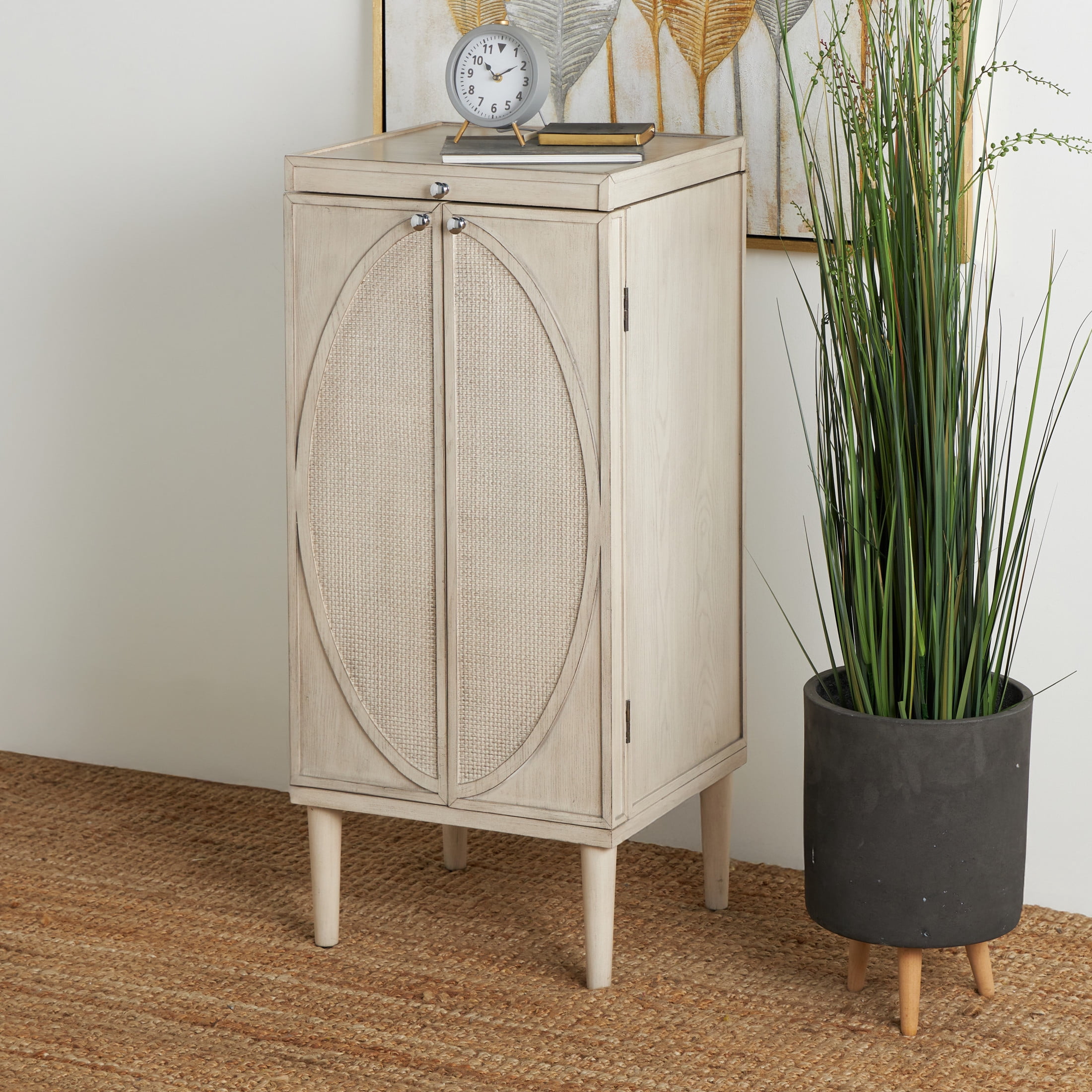 DecMode 20" x 47" Light Gray Wooden Oval Rattan Jewelry 2 Door, 6 Drawer, and 32 Hook Geometric Cabinet with Mirrored Lift Top, 1-Piece