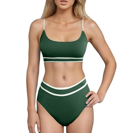 CAIVO Women Swimwear High Waisted Bikini Ribbed 2PCS Swimsuit High Cut Color Block Adjustable Straps Bathing Suit Pool Beach Vacation Summer Swim Wear