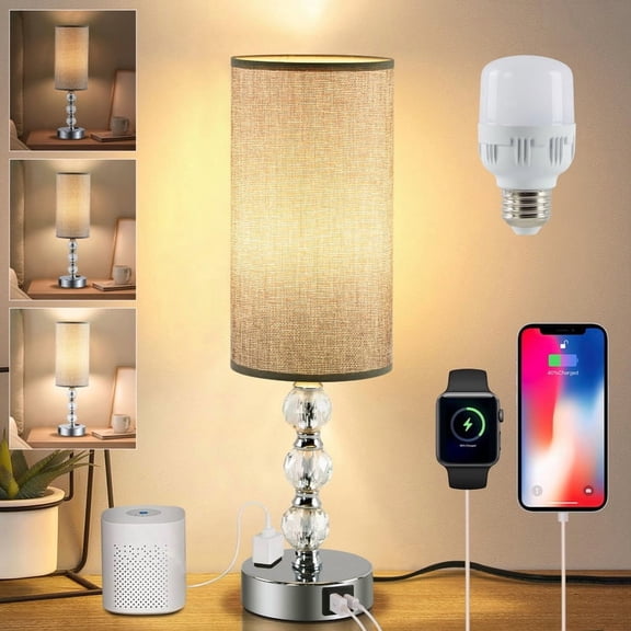 LOFTER-PRO Modern Crystal Table Lamp with USB Port and AC Outlet, 3-Way Dimmable Touch Control for Bedroom and Living Room, 17.9 Inch Desk Light, Bulb Included