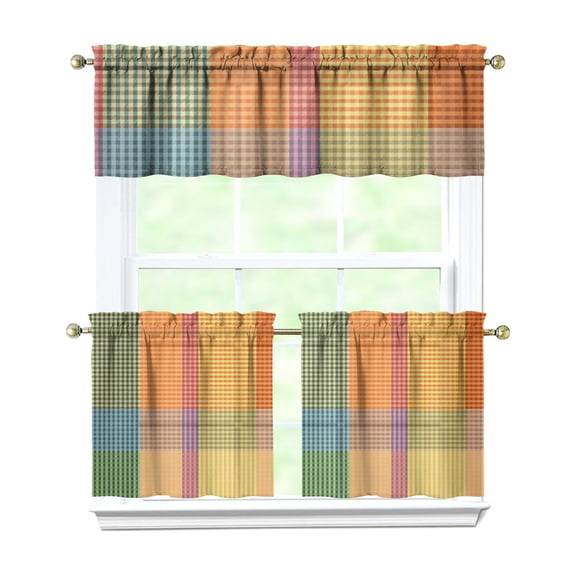 Rod Pocket Kitchen Curtain Set 3-Piece, 27.5x36 Inch Valance & Tier Drapes, Polyester Pongee Cafe Curtains for Living Room, Bathroom, Farmhouse Rustic Country Window Treatments.