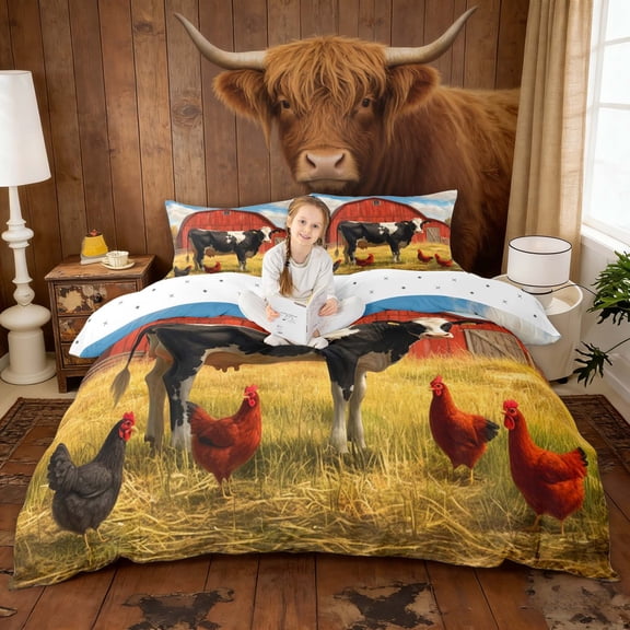 Erosebridal Farmhouse Rooster Cow Duvet Cover Set, Red Farmhouse Bedding Full, Reversible 3pcs 1 Duvet Cover and 2 Pillowcases (No Comforter)