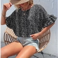 thumbnail image 2 of Women Round Neck T Shirt Leopard Printing Short Ruffle Sleeves Loose Fitting Summer Casual Blouse Black L, 2 of 7