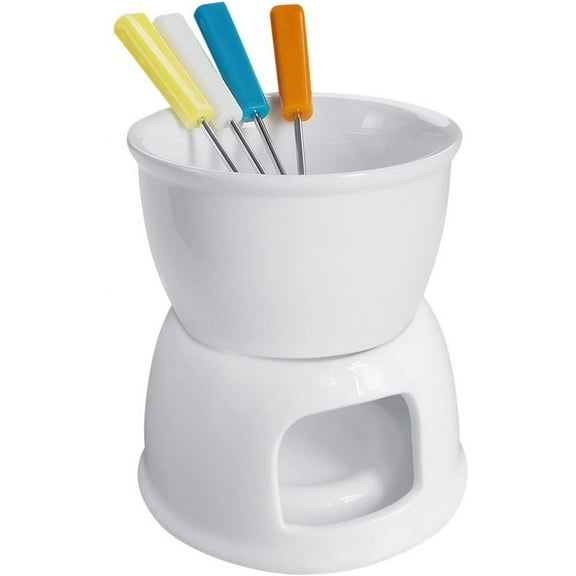 YSTDHL Fondue Set with 4 Color Forks, Premium Tea Light Porcelain Melting Pot for Cheese, Chocolate and Tapas - White